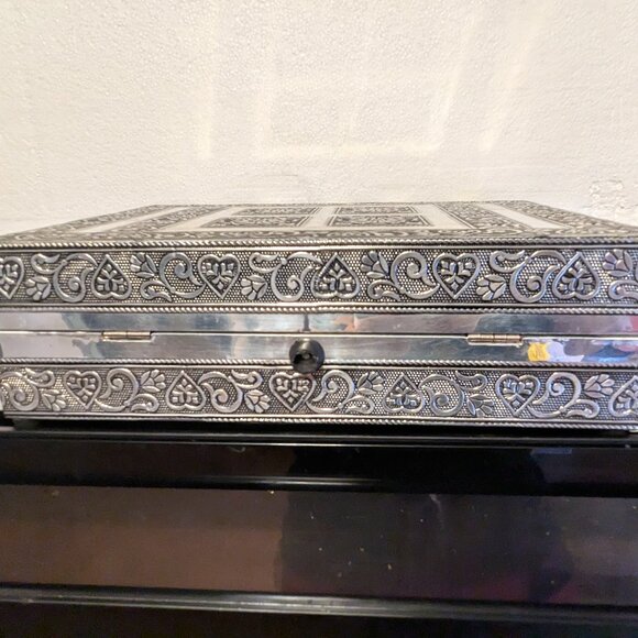 Ornate Etched Wooden Pull Out Silver Tone Wooden Tiered Organizer Jewelry Box - Picture 5 of 7